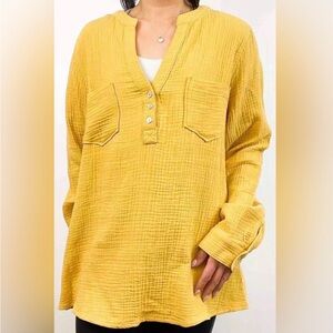 Mote Women’s Yellow Textured 100% Cotton V-Neck Pockets Pullover Tunic XXL NWT